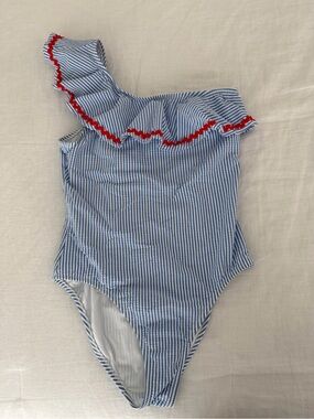 J Crew Seersucker One Piece Swimsuit, one shoulder